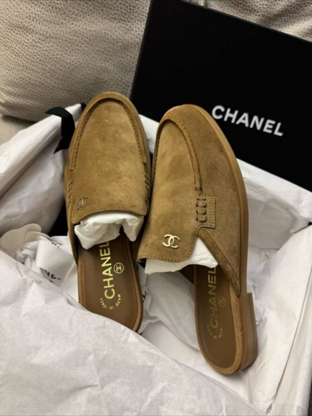 CHANEL​​​​​​ Caramel Suede Loafer Mule Slides